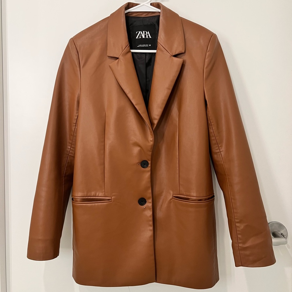 Zara Oversized Brown Faux Leather Blazer